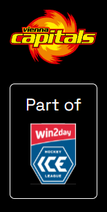 Logo der Vienna Capitals über einem Schild mit der Aufschrift "Part of win2day ICE Hockey League" mit dem Logo der Liga auf schwarzem Hintergrund.