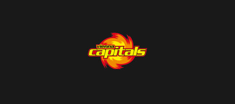 Ein schwarzer Hintergrund mit dem Logo des Eishockeyteams der Vienna Capitals in der unteren Mitte. Das Logo zeigt fetten gelben Text und eine stilisierte rote und orange Löwenmähne.