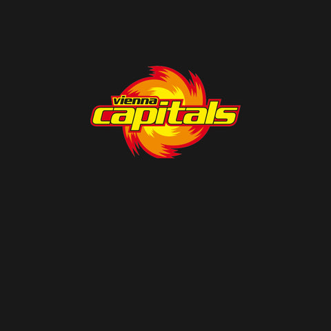 Ein schwarzer Hintergrund mit dem Logo des Eishockeyteams der Vienna Capitals in der unteren Mitte. Das Logo zeigt fetten gelben Text und eine stilisierte rote und orange Löwenmähne.